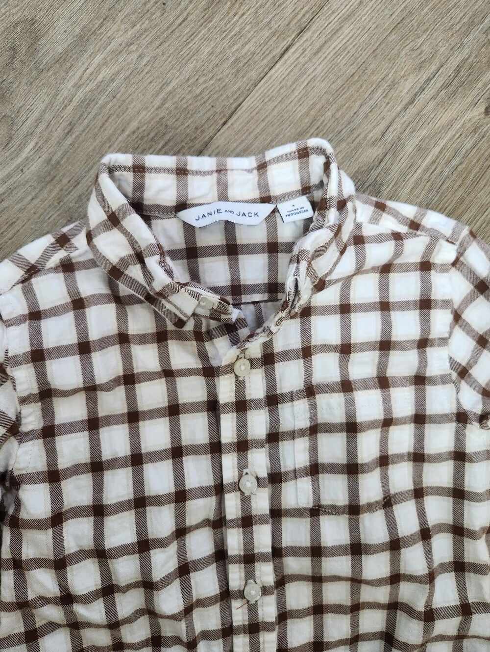Janie and Jack Boys Size 4T Brown & White Gingham Plaid Button Down Shirt